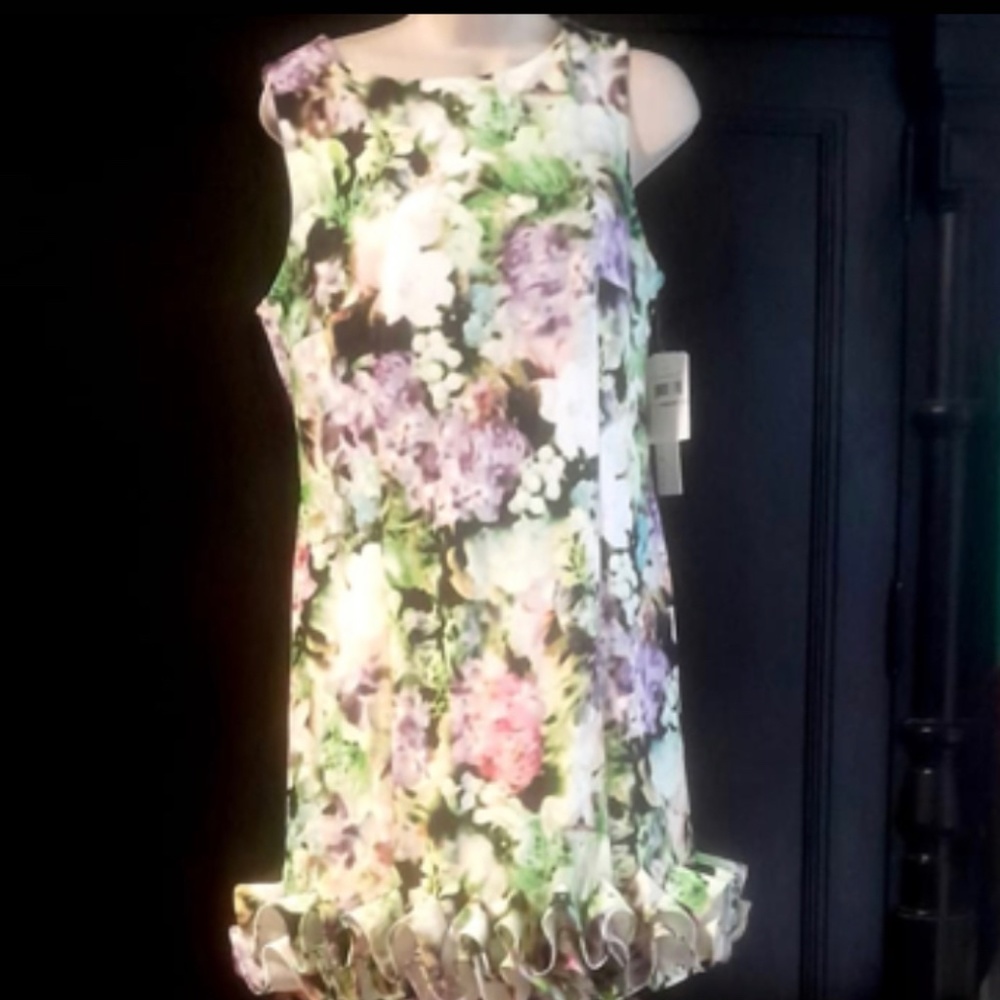 ECI New York Print Green Black Pink Floral Dress 3D accordion skirt sleeveless